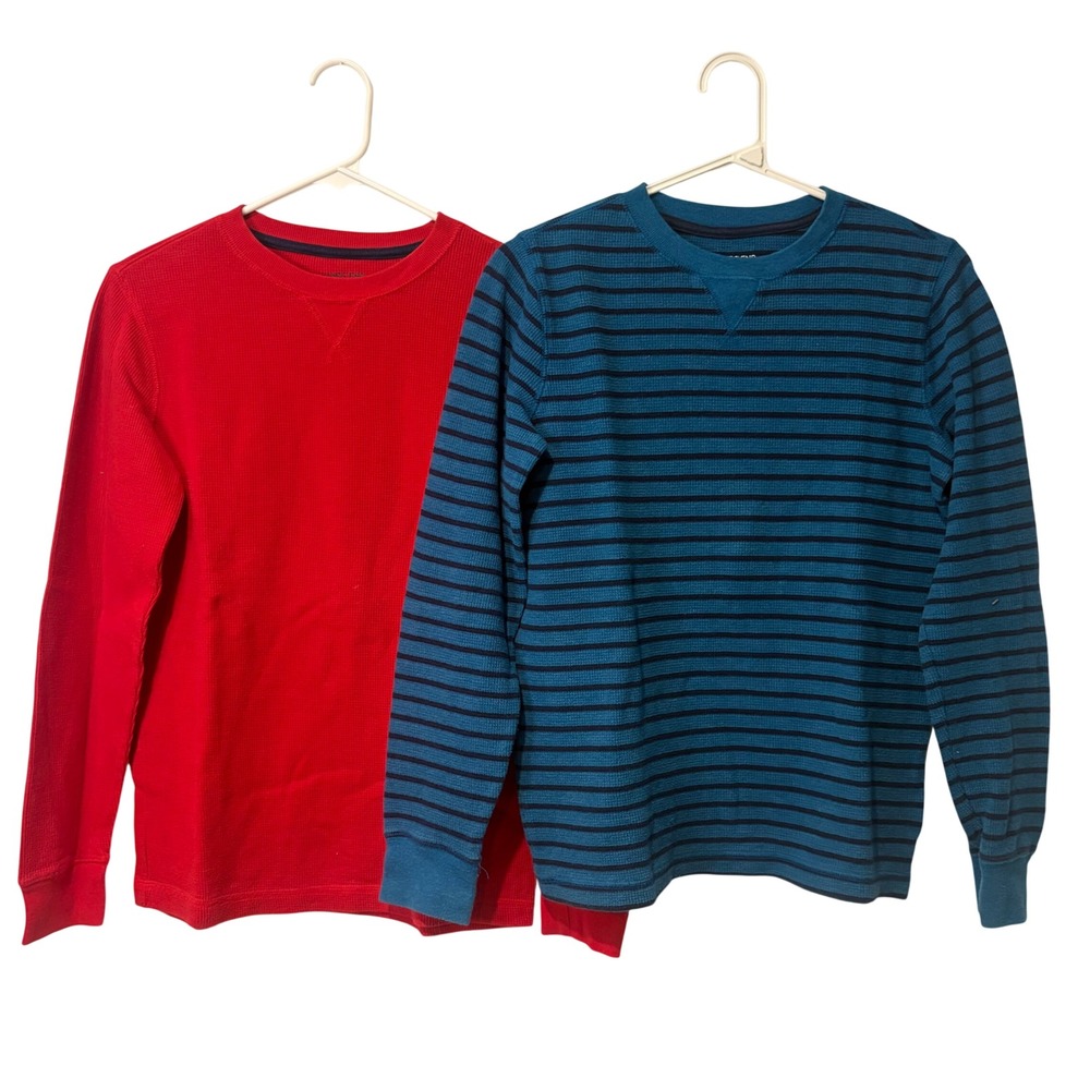 Lands' End Thermal Shirts Kids Size L 14-16 Red Blue Striped Waffle Knit 2 Pack